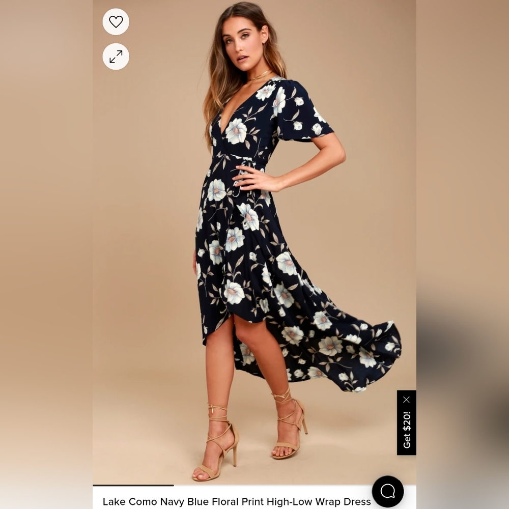 Lake Como Navy Blue Floral Print High-Low Wrap Dress